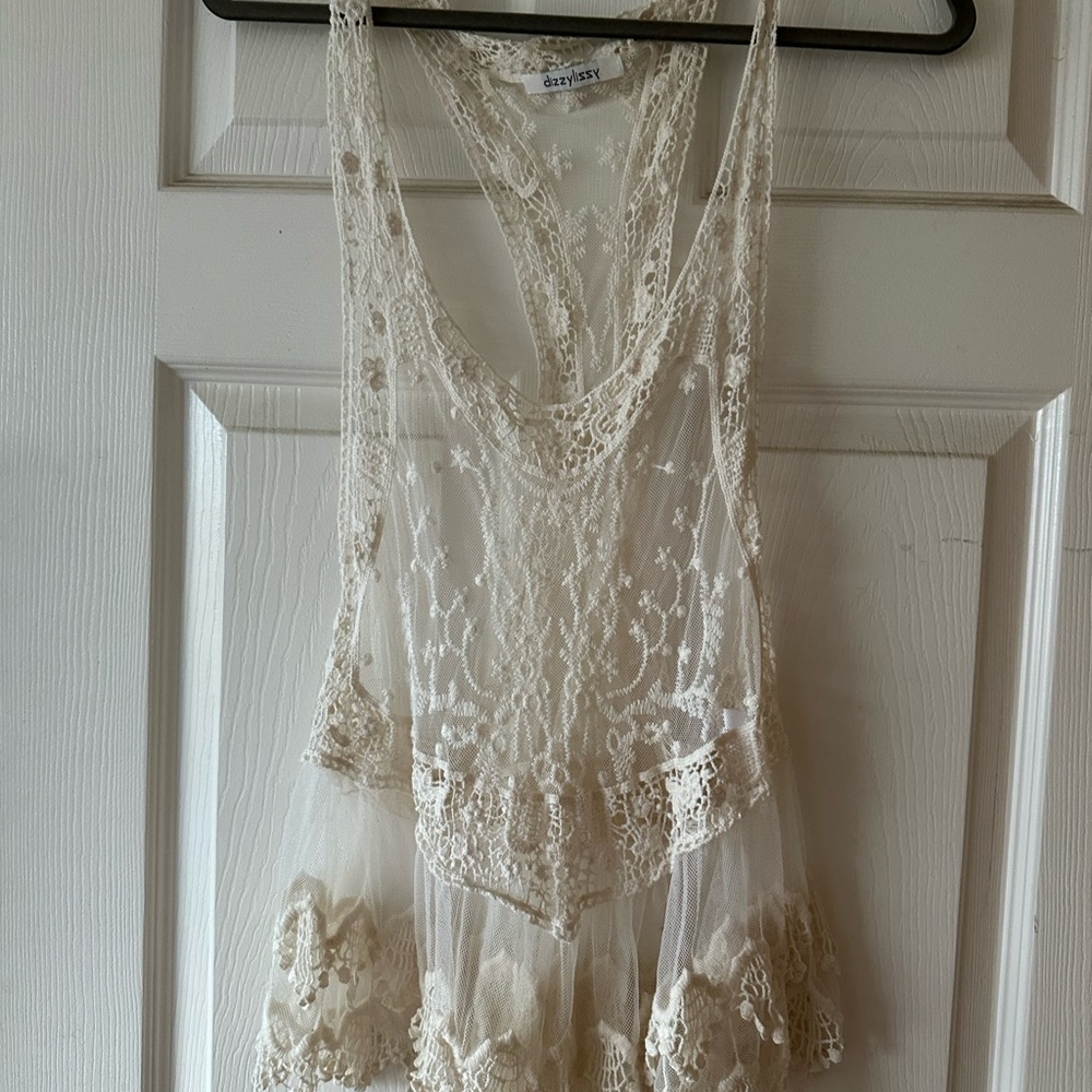 Dizzy Lizzy Ivory Lace Racerback Tank Top - Boho Coachella Looks - Size L